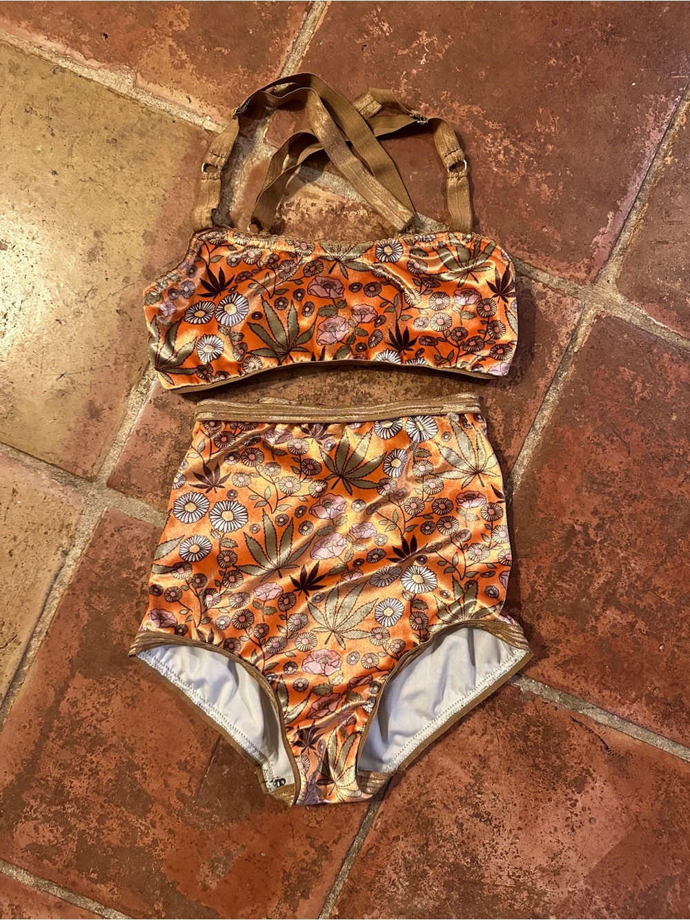 XS Solstice Orange Floral and Weed High-Waist Bikini Lingerie Set